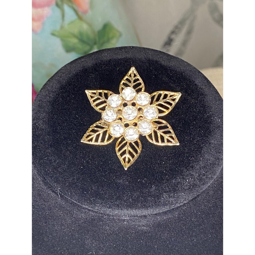 Vintage MCM Poinsettia Rhinestone Christmas Flower Brooch